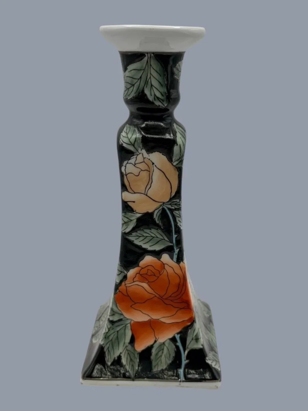 Vintage Hand-Painted Floral Porcelain Candlestick Holder – Rose Motif – 9” Tall